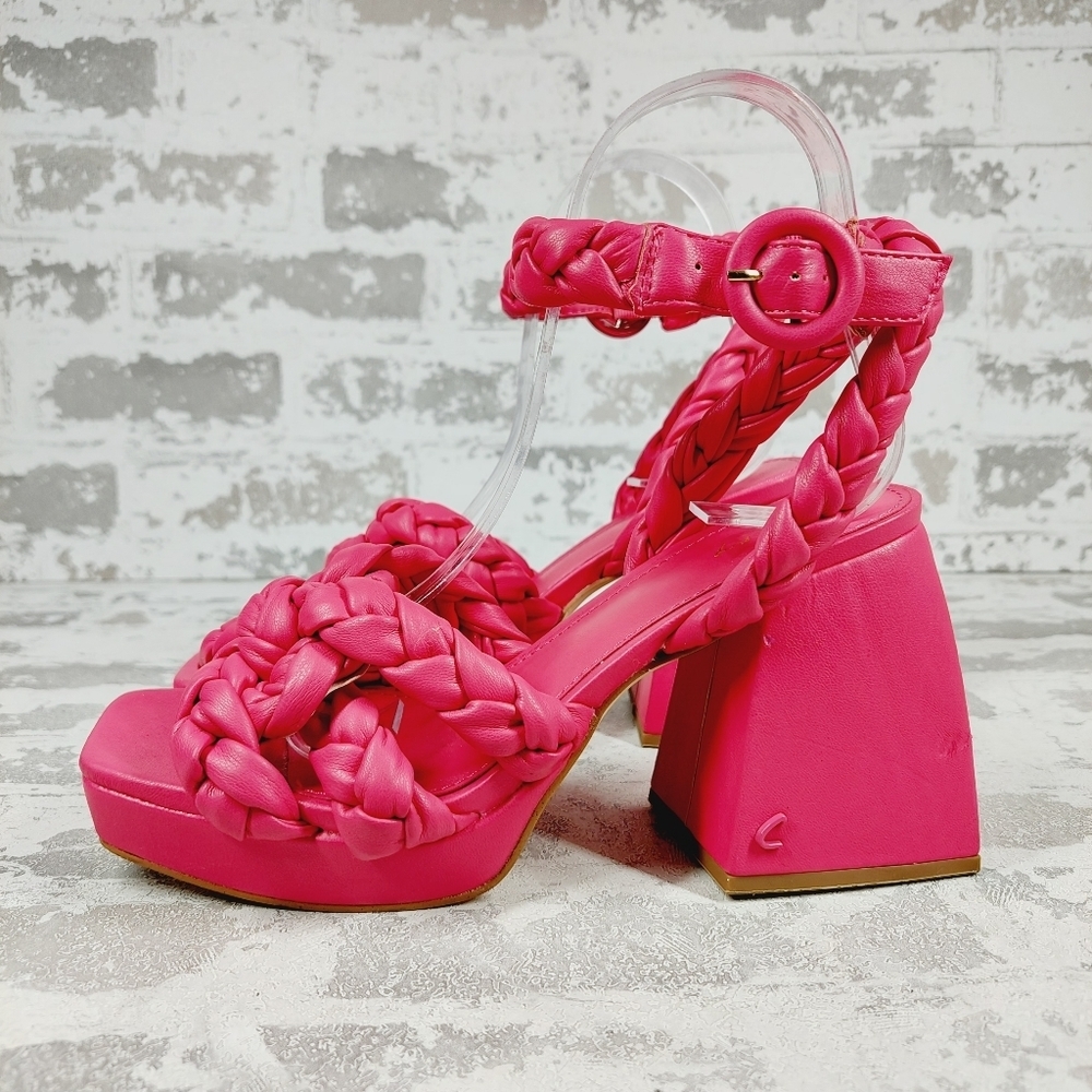 New Circus By Sam Edelman Mable Pink Braided Straps Block Heel Sandals F859